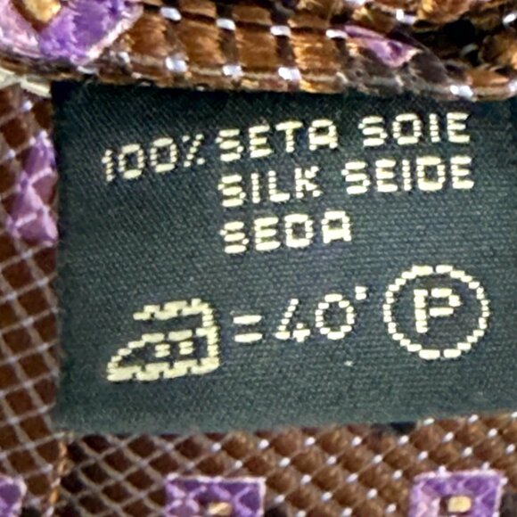 Ermenegildo Zegna 100% Silk Necktie Brown Purple Geometric Square Pattern Design - Picture 4 of 4